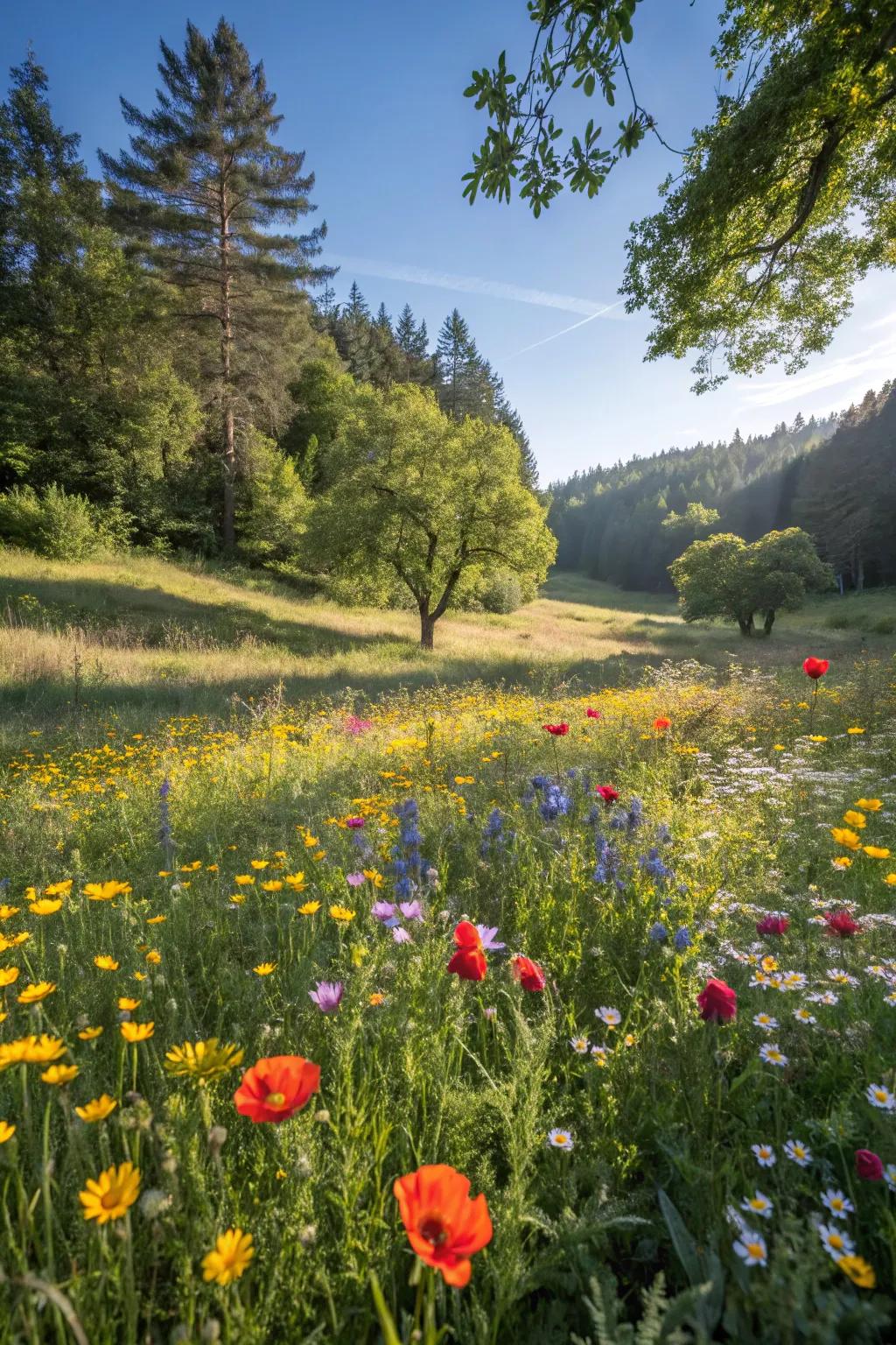 A vibrant wildflower meadow brightening up the forest.