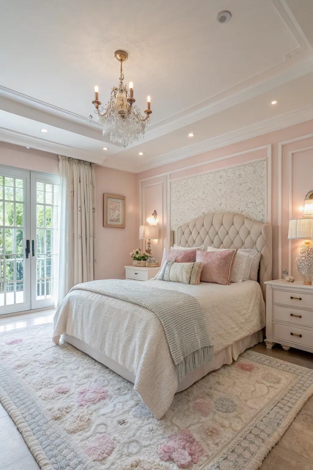 Soft colors bring a calming and serene atmosphere to this large bedroom.