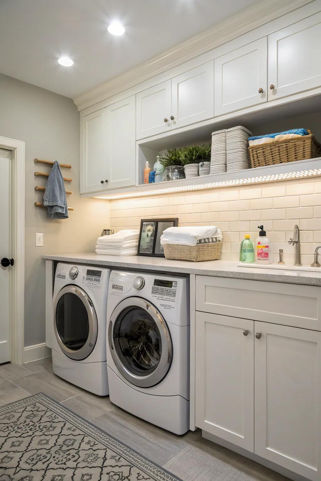 Under-cabinet lighting enhances functionality in your laundry room.