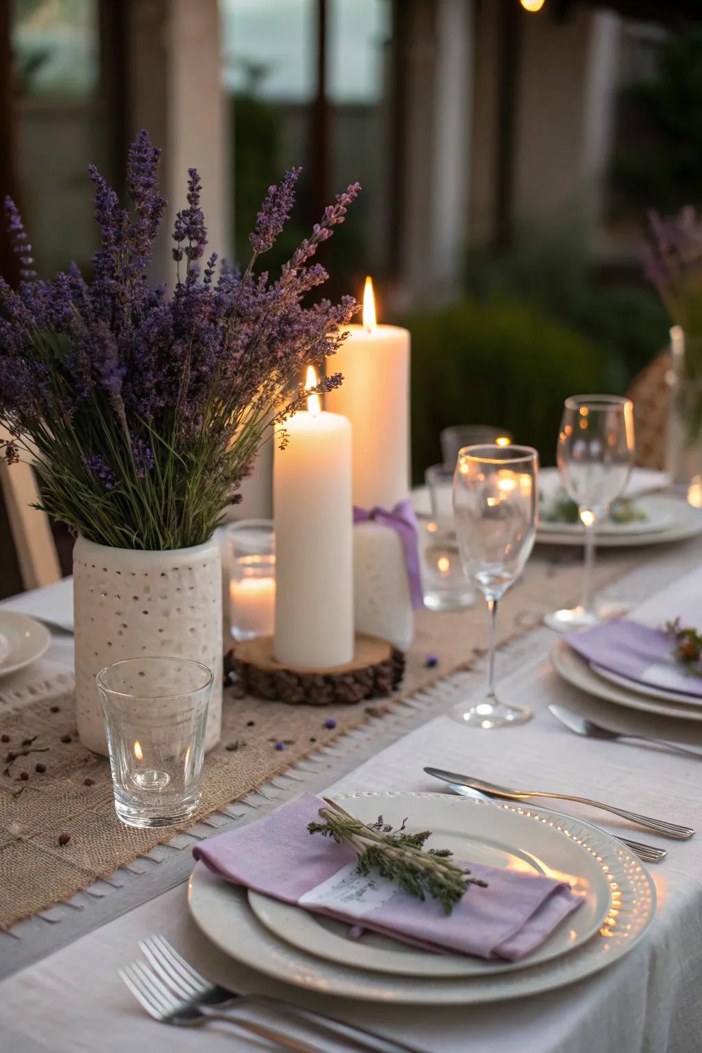 Elegance redefined with a lavender centerpiece.