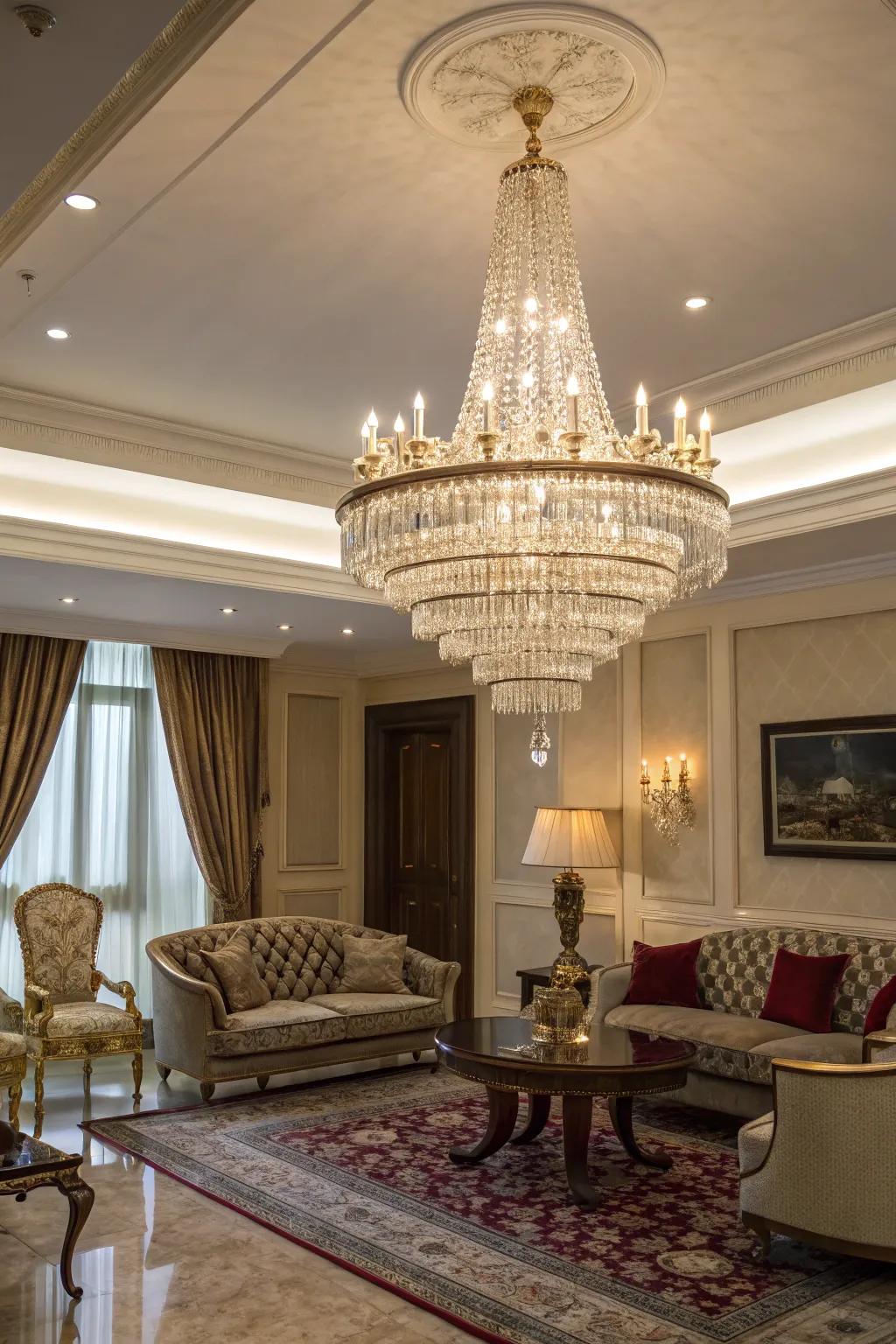 Crystal chandeliers exude luxury and elegance.