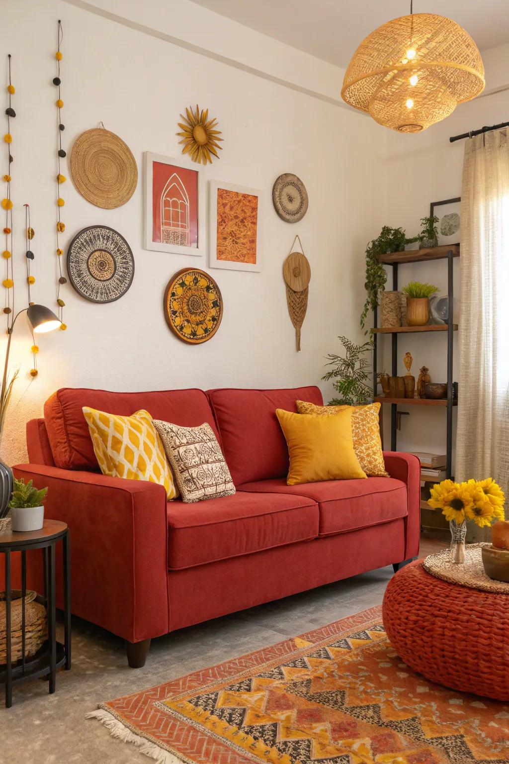 Analogous colors create warmth and harmony, enhancing the red couch's inviting vibe.