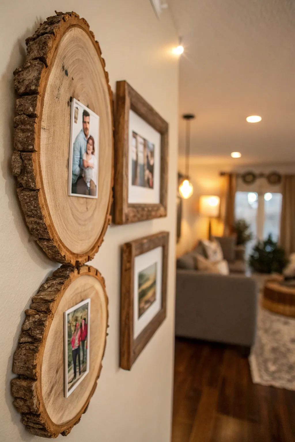 Log slice frames showcasing family photos.