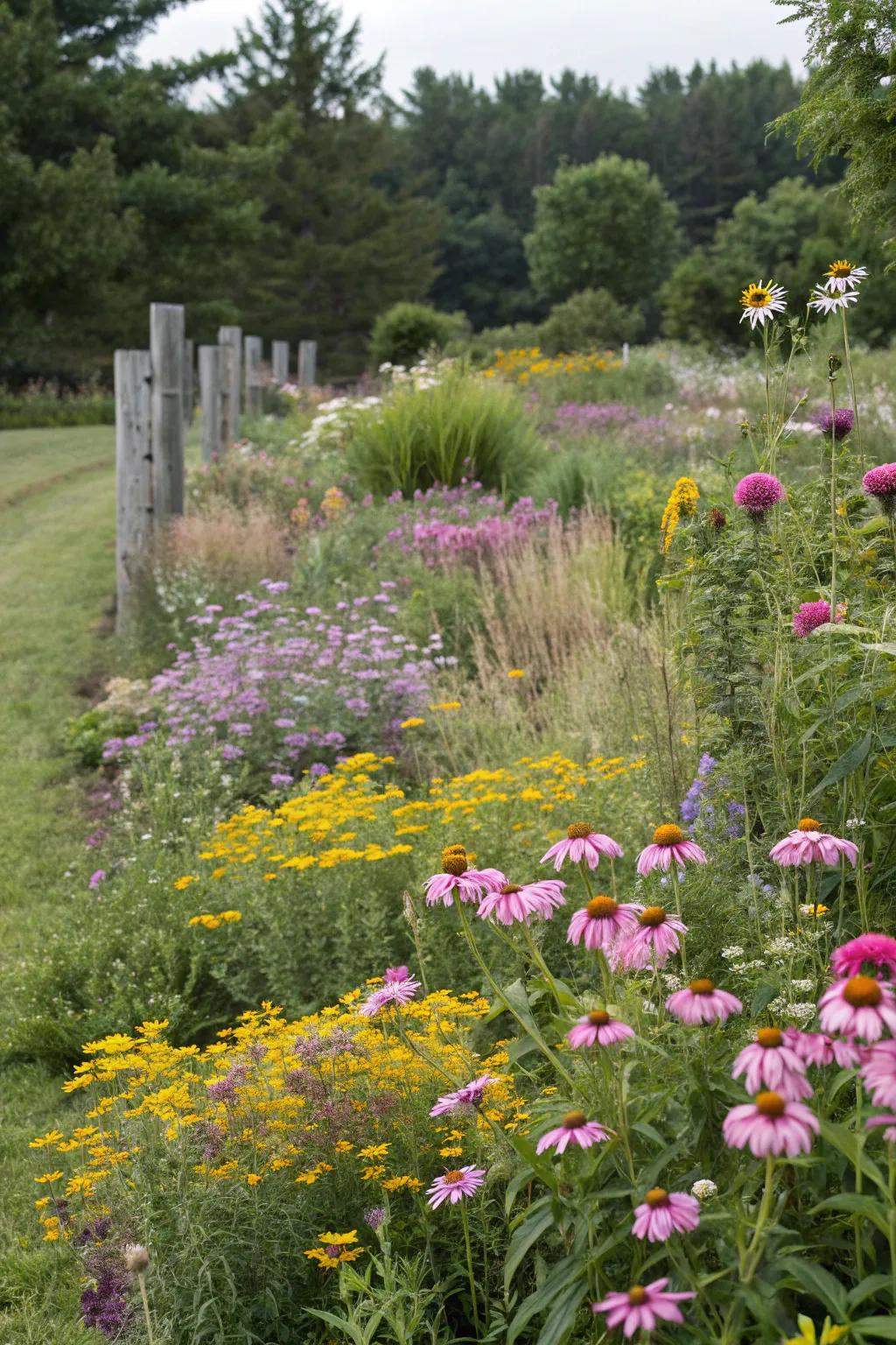 Wildflowers interwoven with perennials create a natural tapestry.