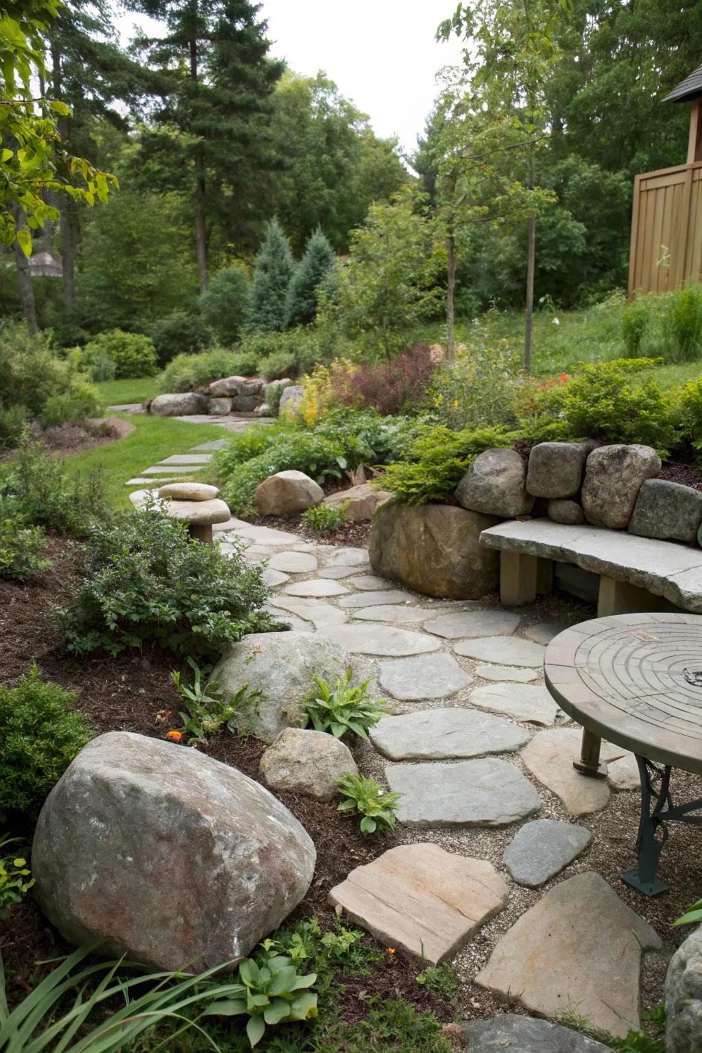 A rock seating area invites relaxation.