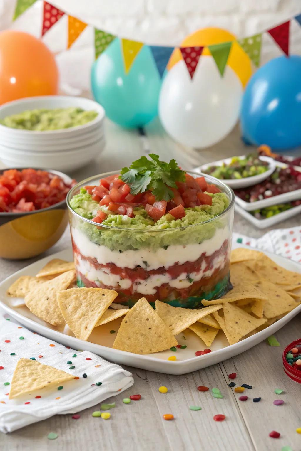 A delicious seven-layer dip that ties the theme into the menu.