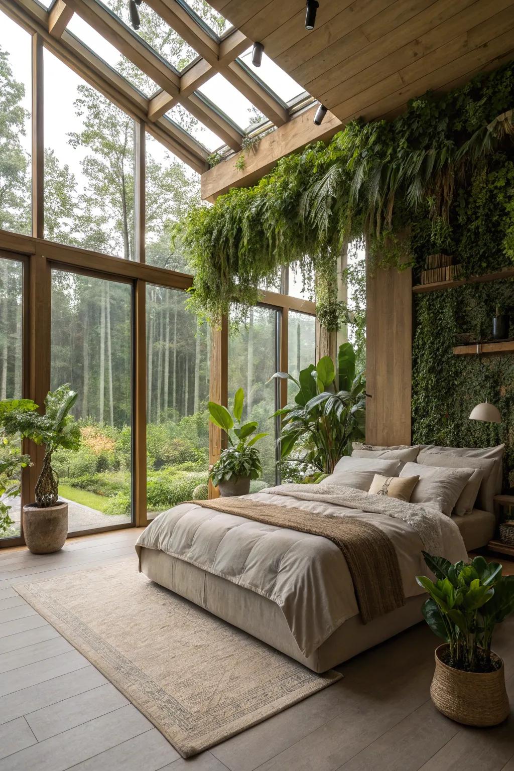 A luxurious bedroom incorporating biophilic design with indoor plants.