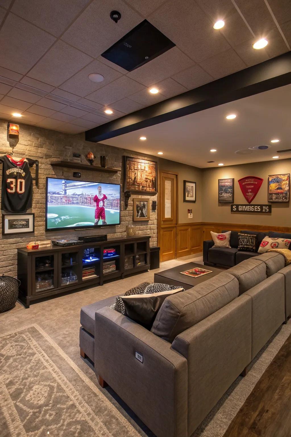 Integrated technology offers convenience in this modern man cave.