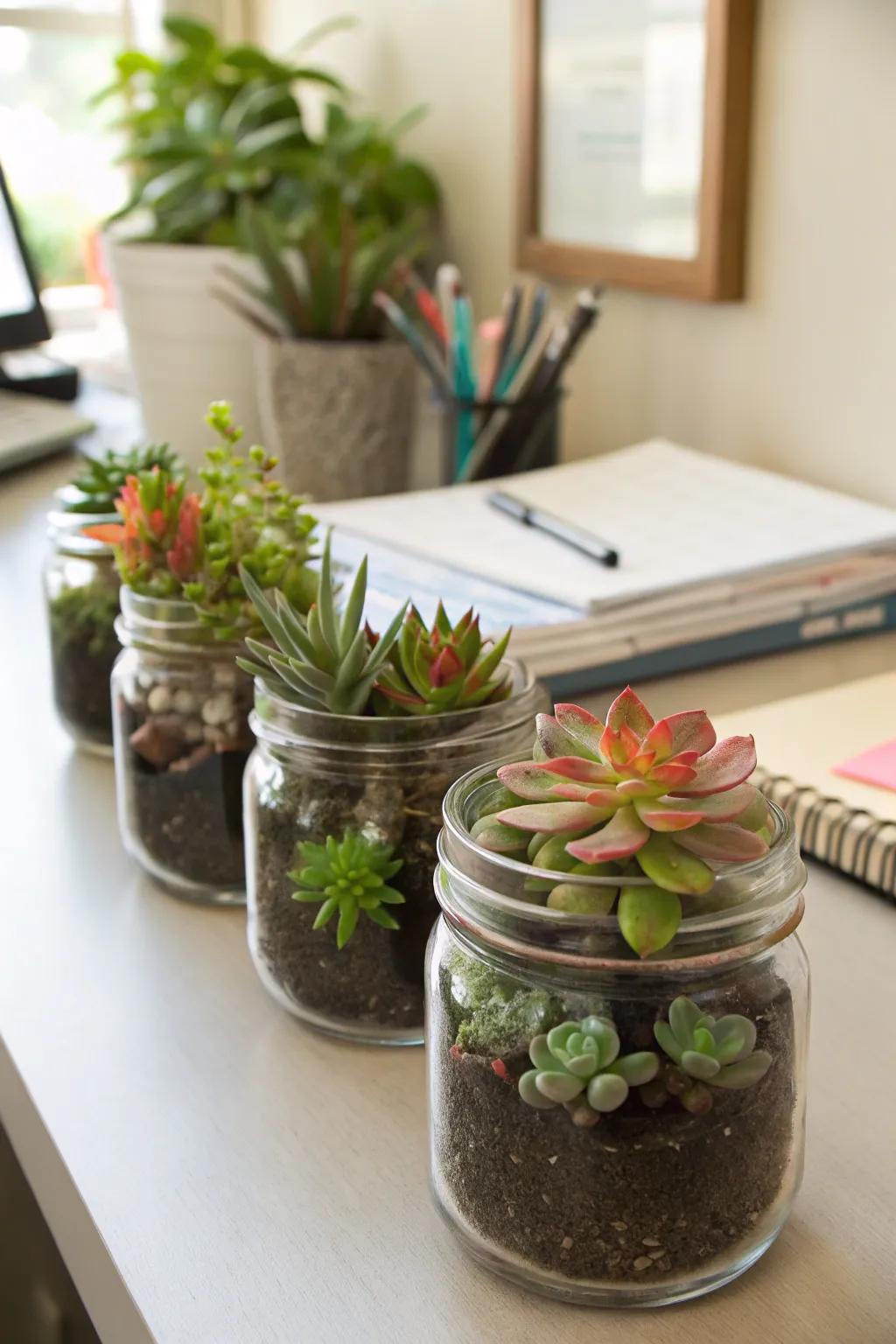 Add modern greenery with mini succulent gardens in mason jars.