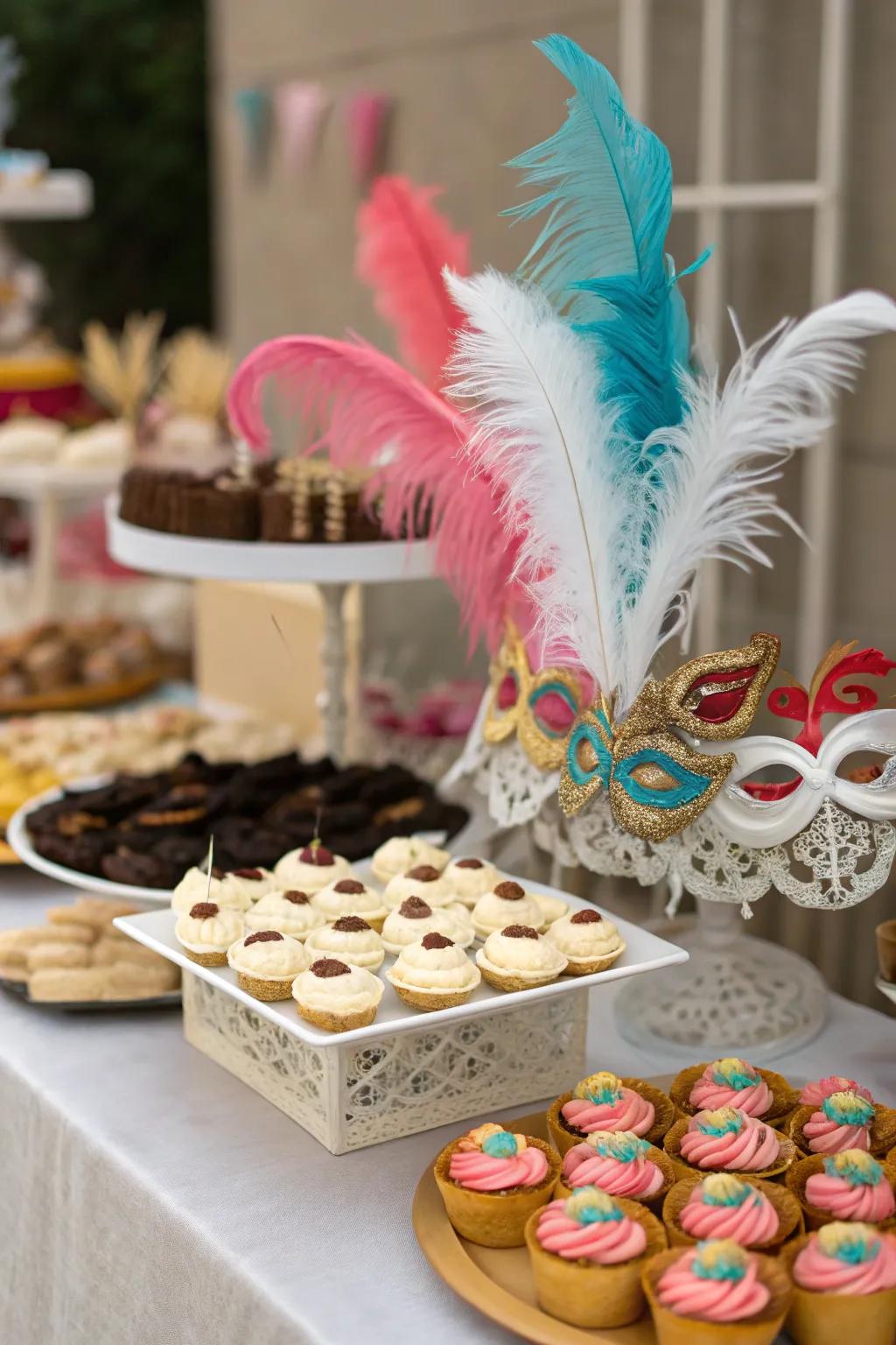 A beautifully themed dessert table for a masquerade quinceañera.