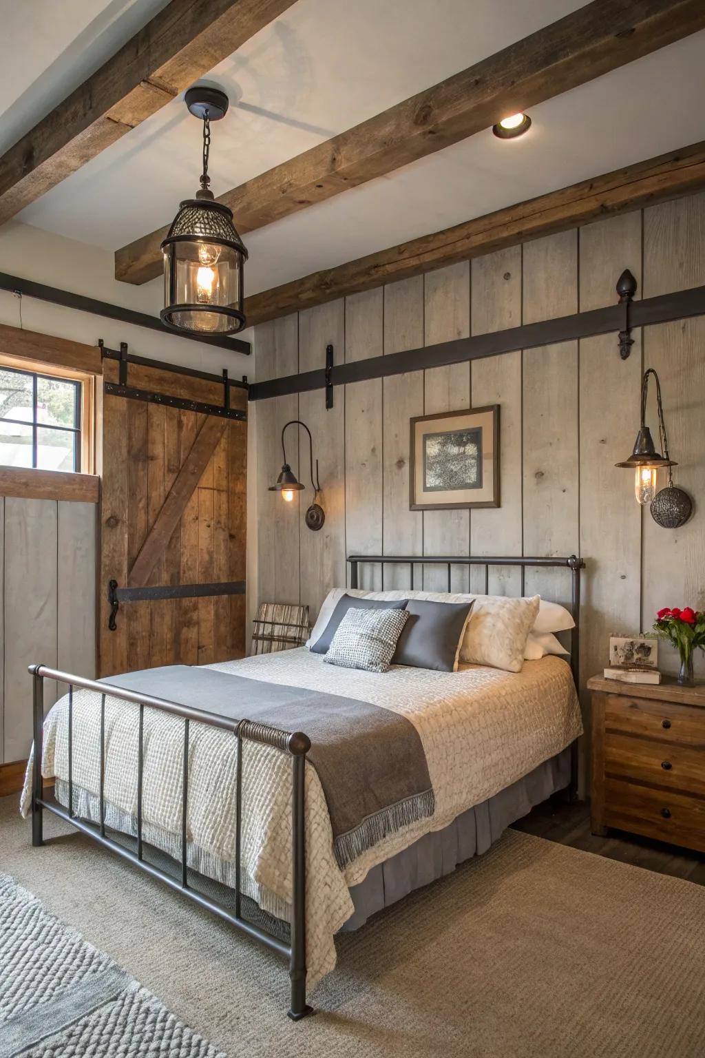 Modern twist with industrial accents in a farmhouse bedroom