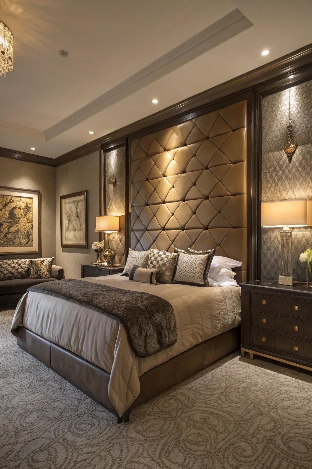 Leather headboard walls offer a touch of sophisticated luxury.