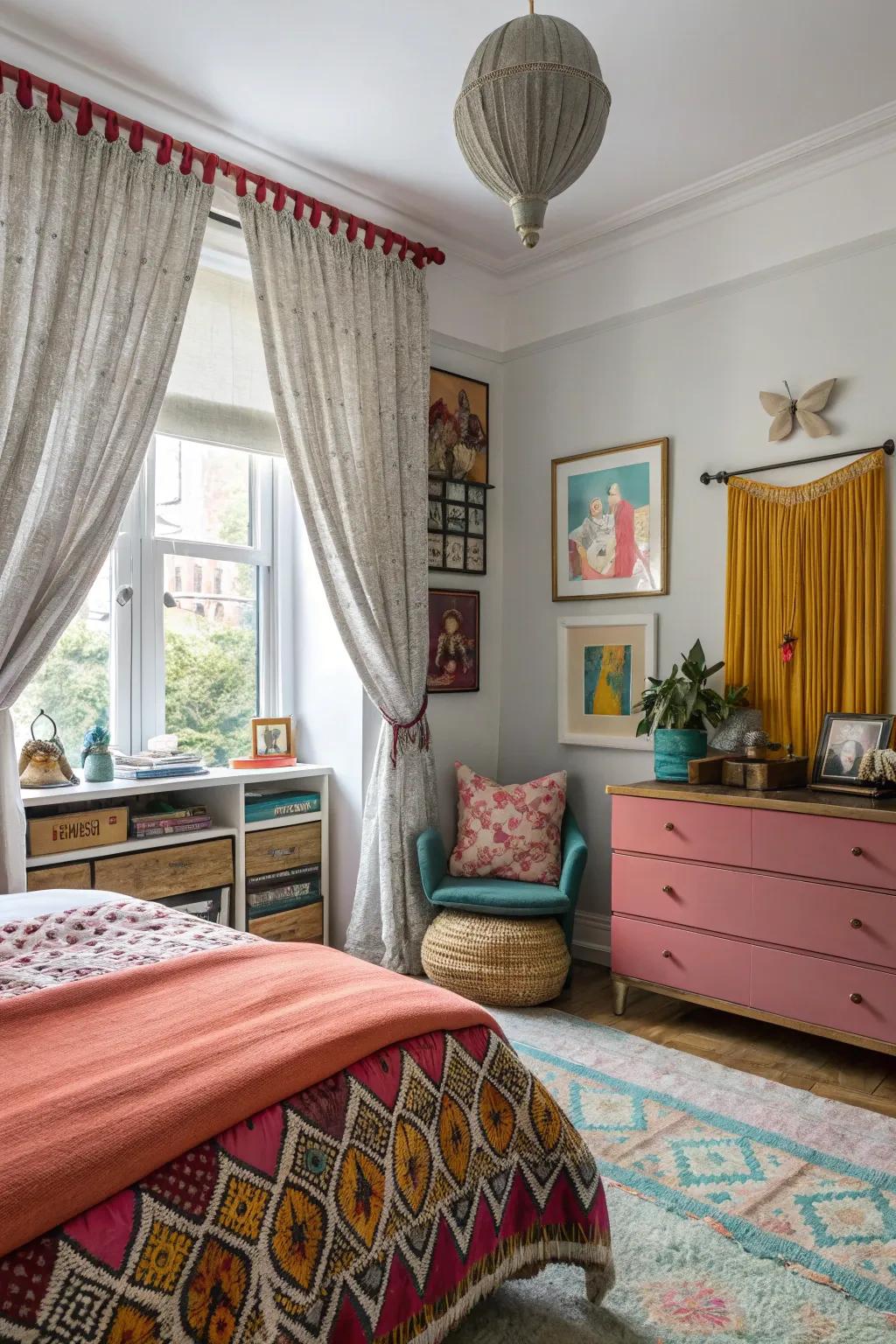 Layered draperies create a luxurious feel in this bedroom.