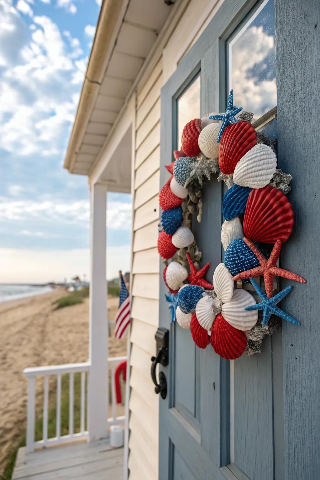 A coastal-themed wreath featuring painted seashells.