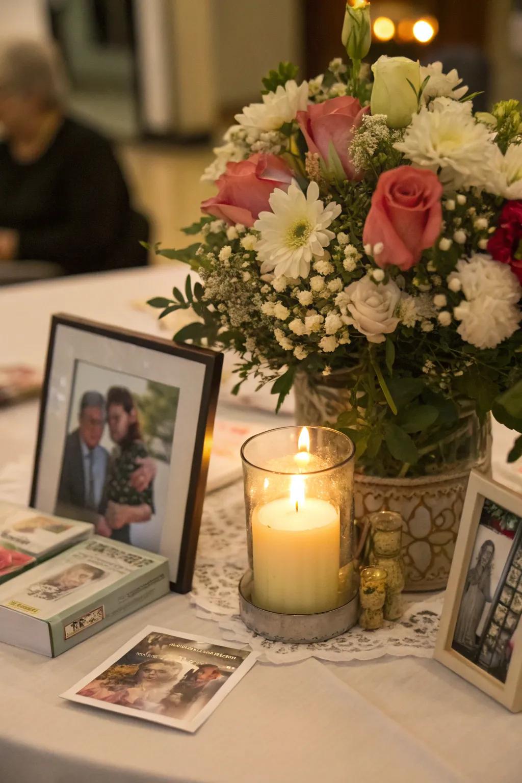 A candle nestled in flowers makes for a beautiful and serene centerpiece.