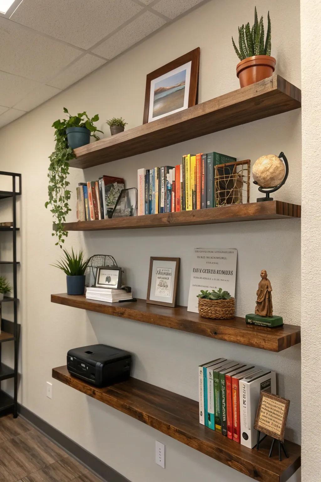 Floating shelves hold books and decor, adding a minimalist touch.