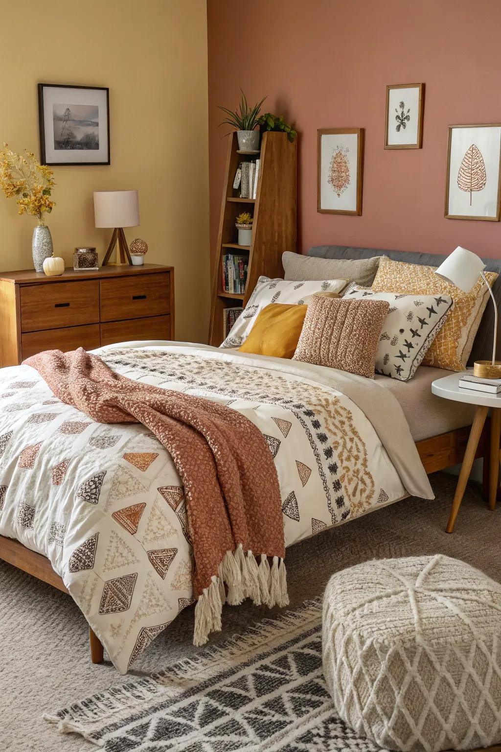 A cozy mid-century modern bedroom featuring layered textiles and inviting throws.