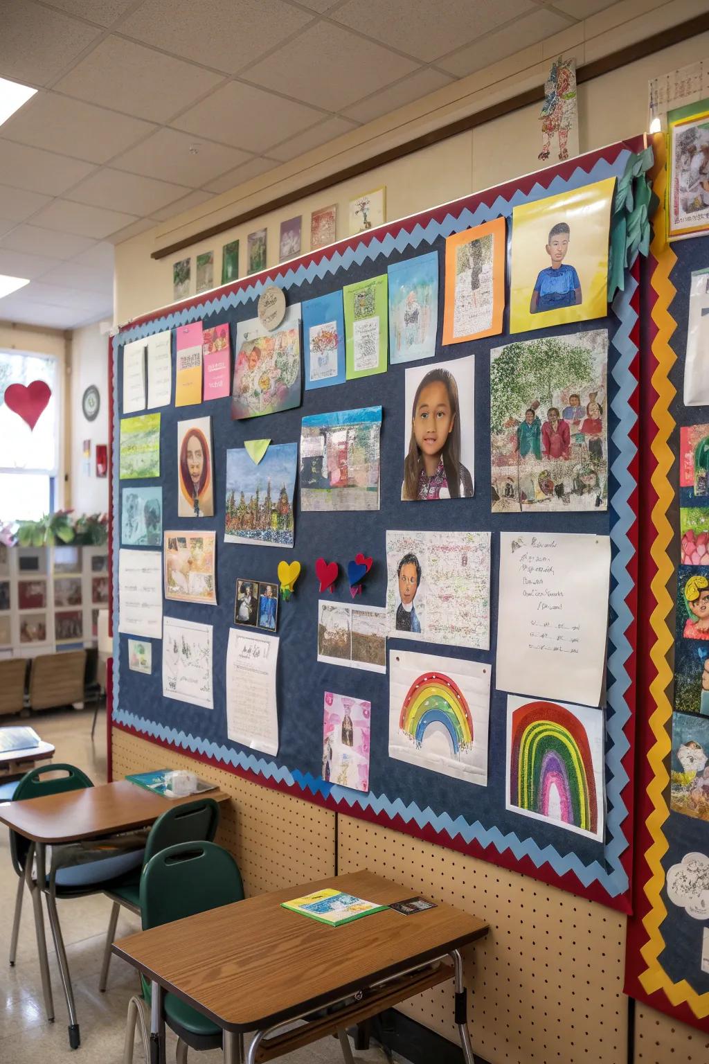 A creative bulletin board showcasing student artwork