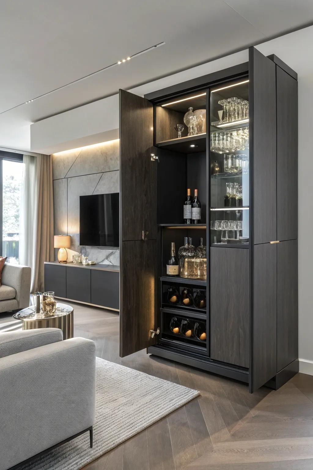 A hidden bar offers a sleek and surprising element to any room.