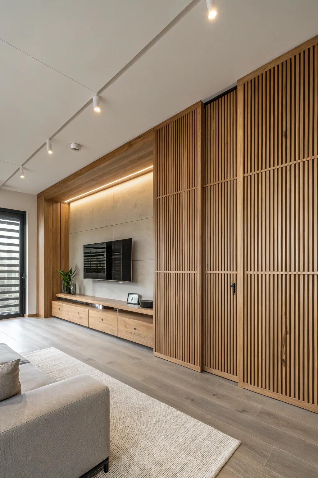 Wood slat panels add elegance and texture to the minimalist design.