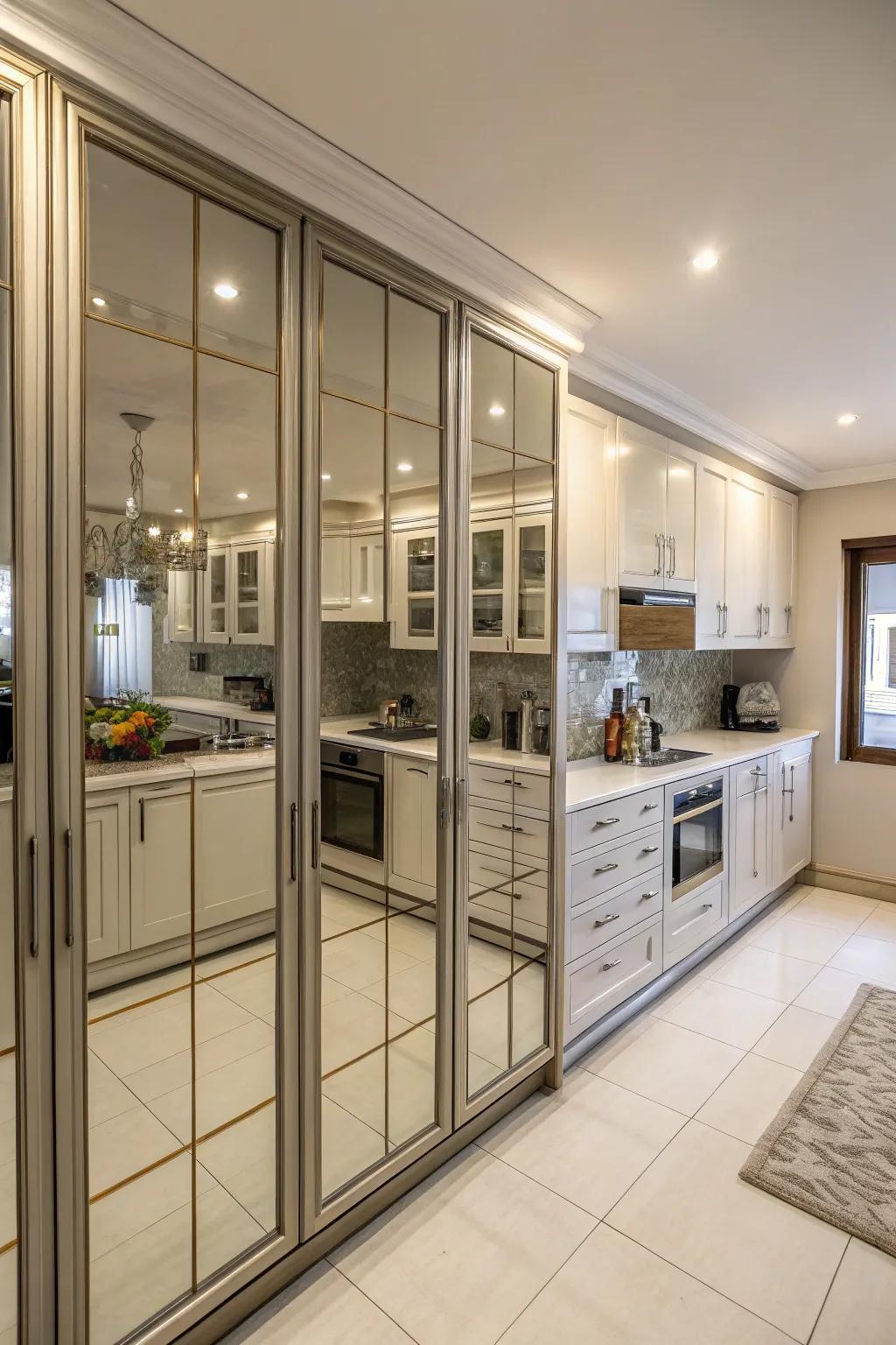 Mirrored cabinet doors that enhance light and spaciousness in the kitchen.