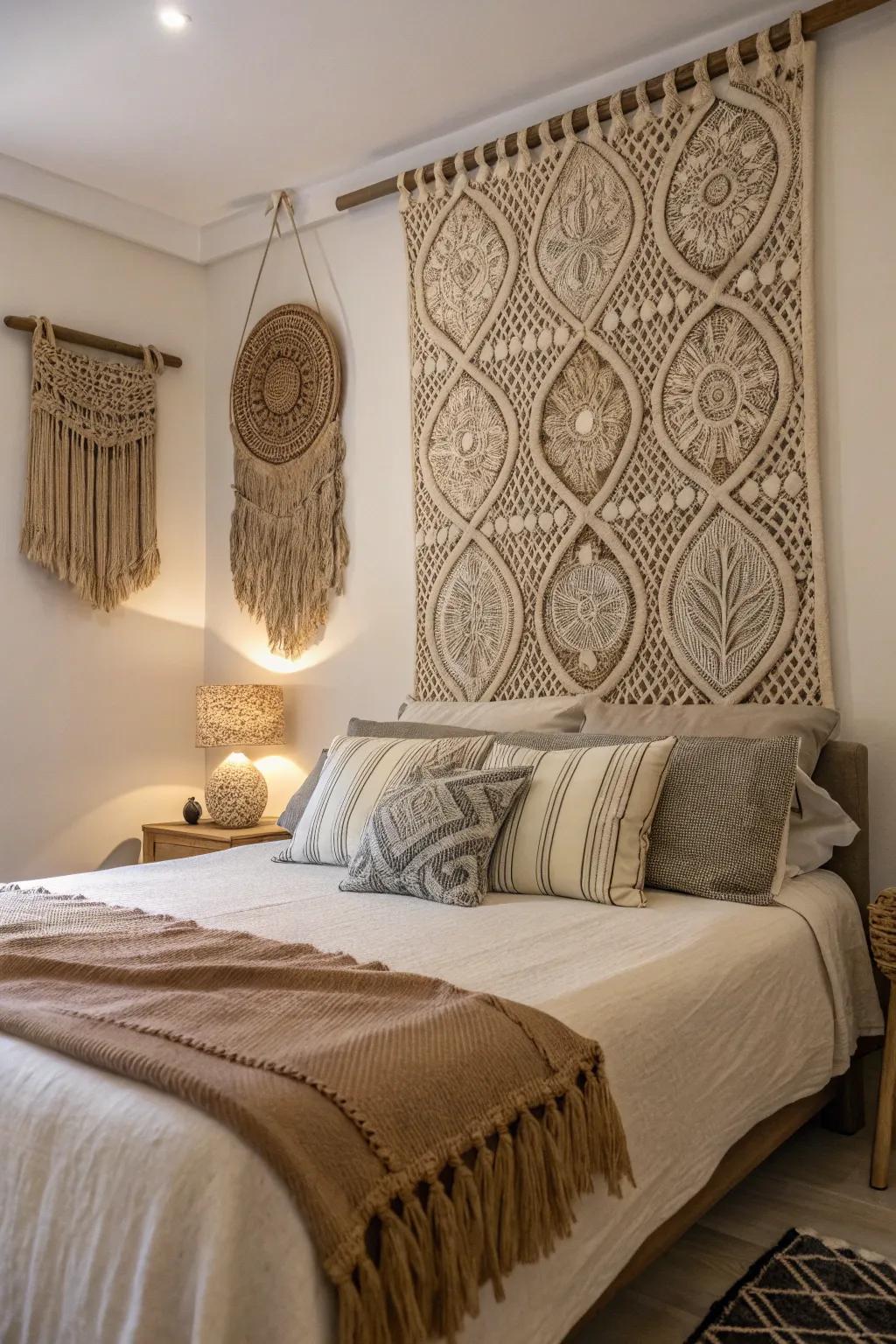 Woven textures create a cozy and inviting bed wall.