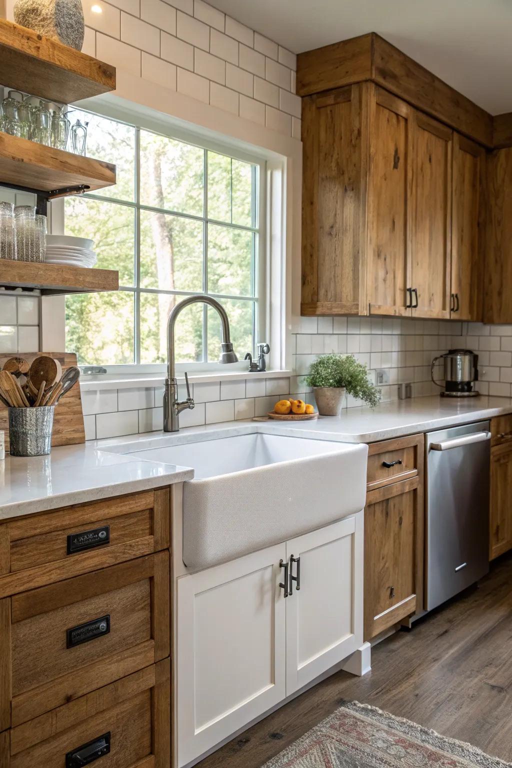 A farmhouse sink combines functionality with classic style in this kitchen.