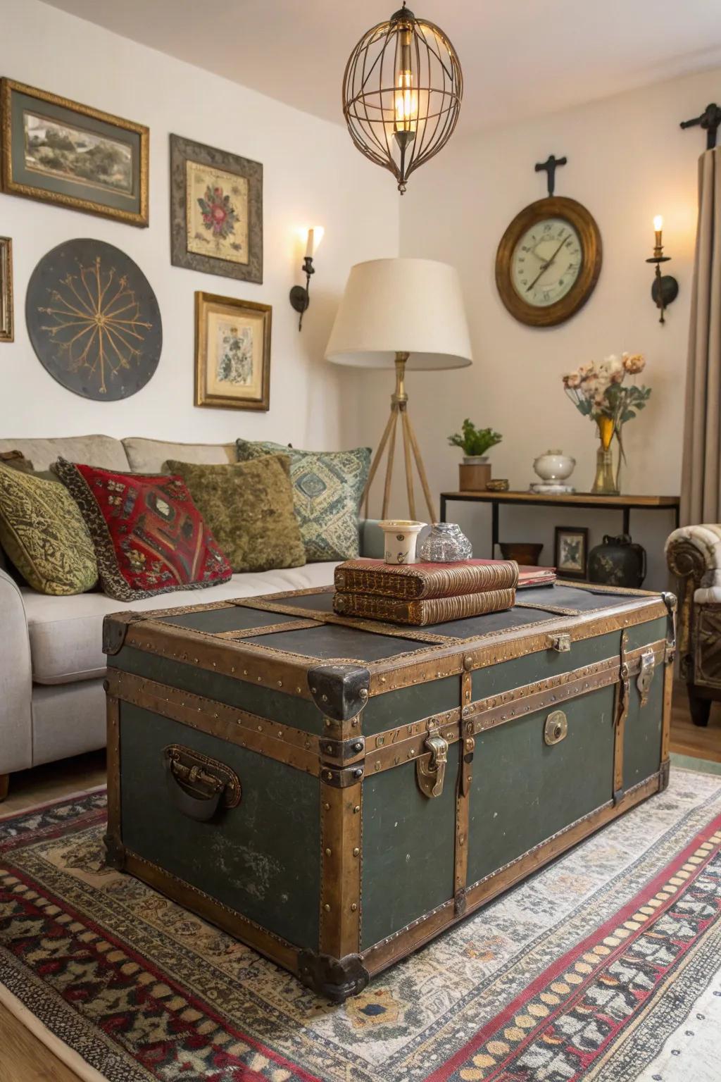 Vintage finds add charm and a sense of history to the modern farmhouse living room.