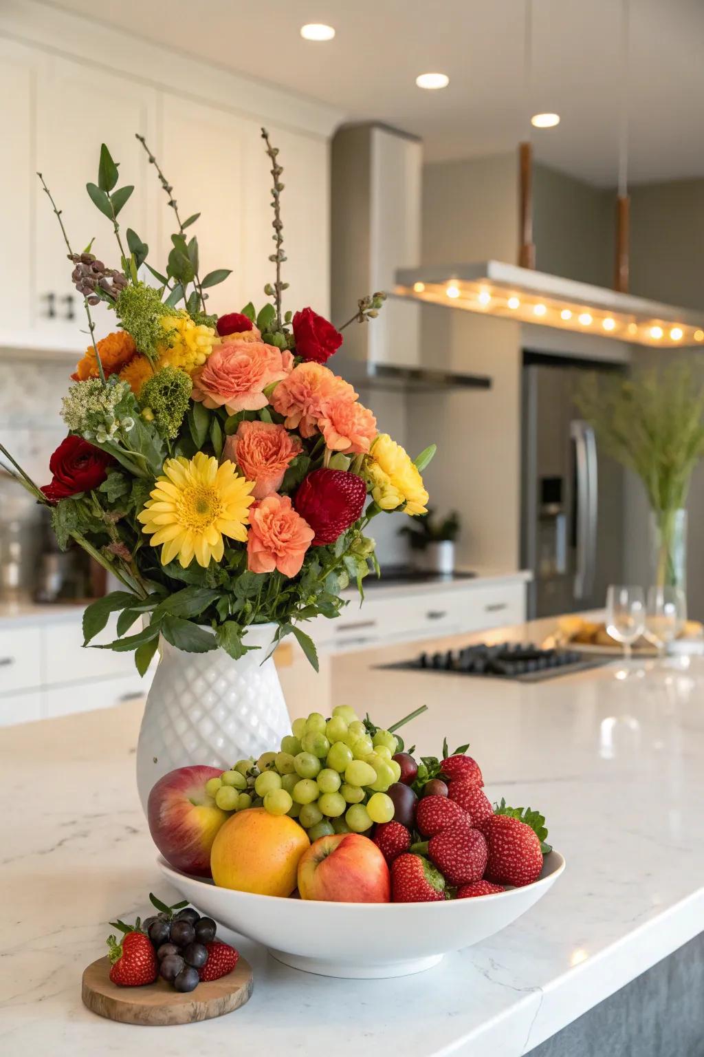 An unexpected pairing of flowers and fruits for a fresh look.