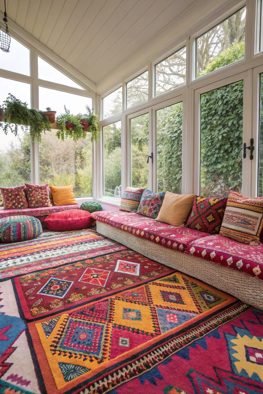 Bold patterns bring energy and style to this modern sunroom.