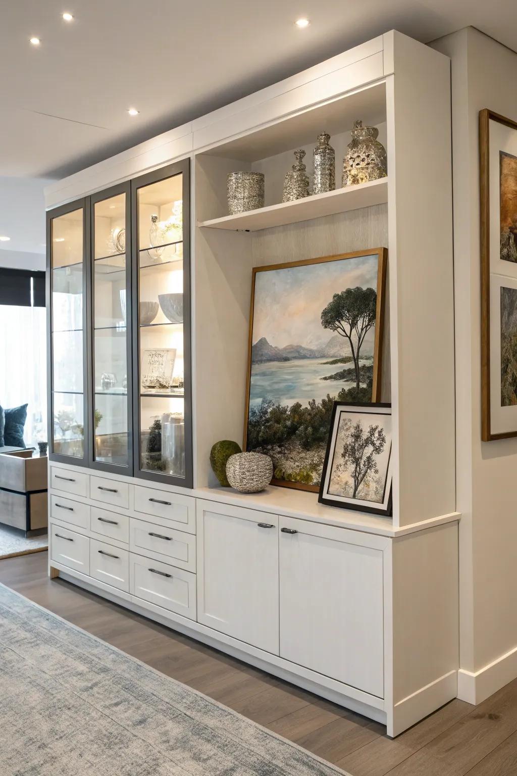 Art pieces add sophistication and a focal point to the hutch.