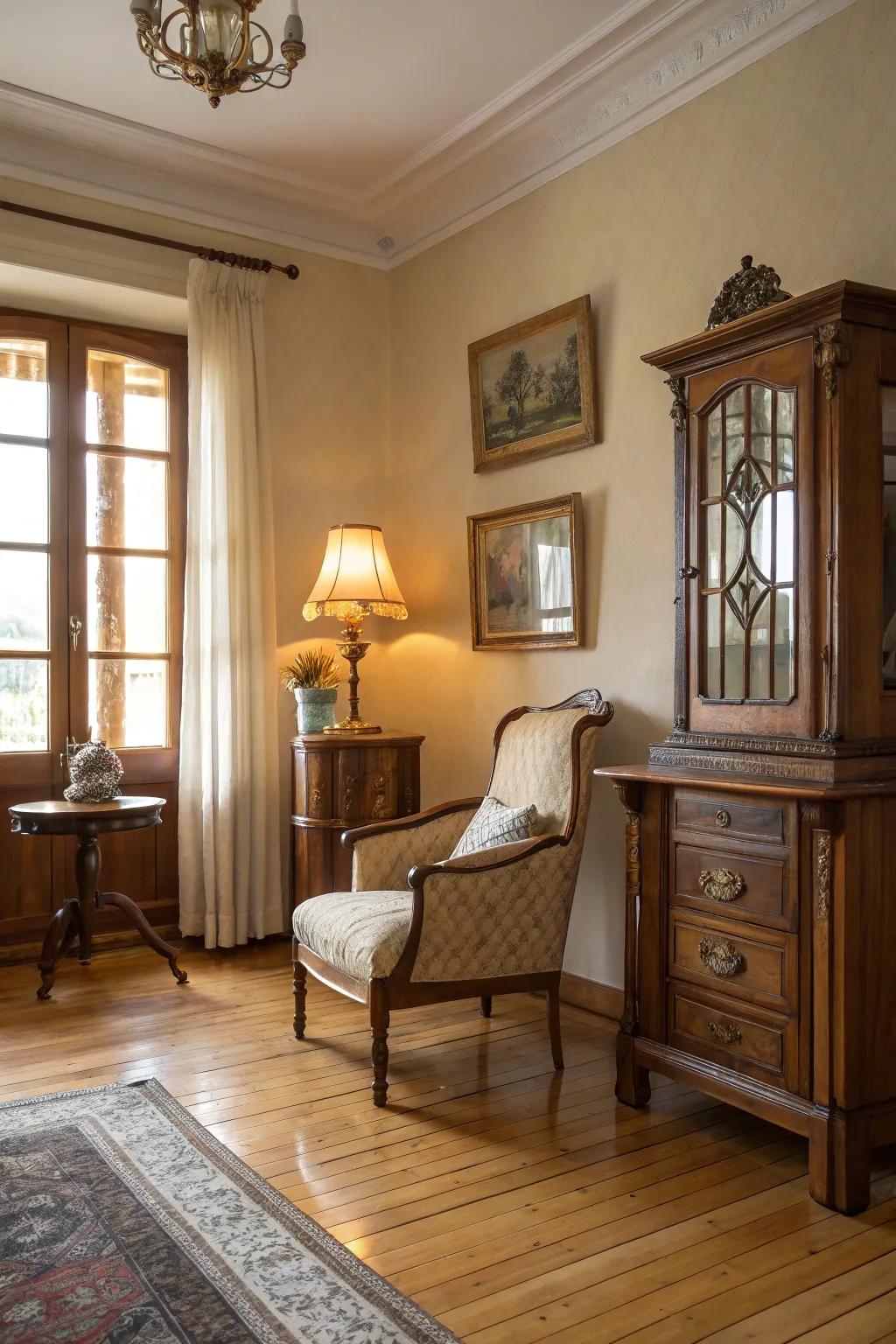 Vintage charm meets modern elegance on light wood floors.