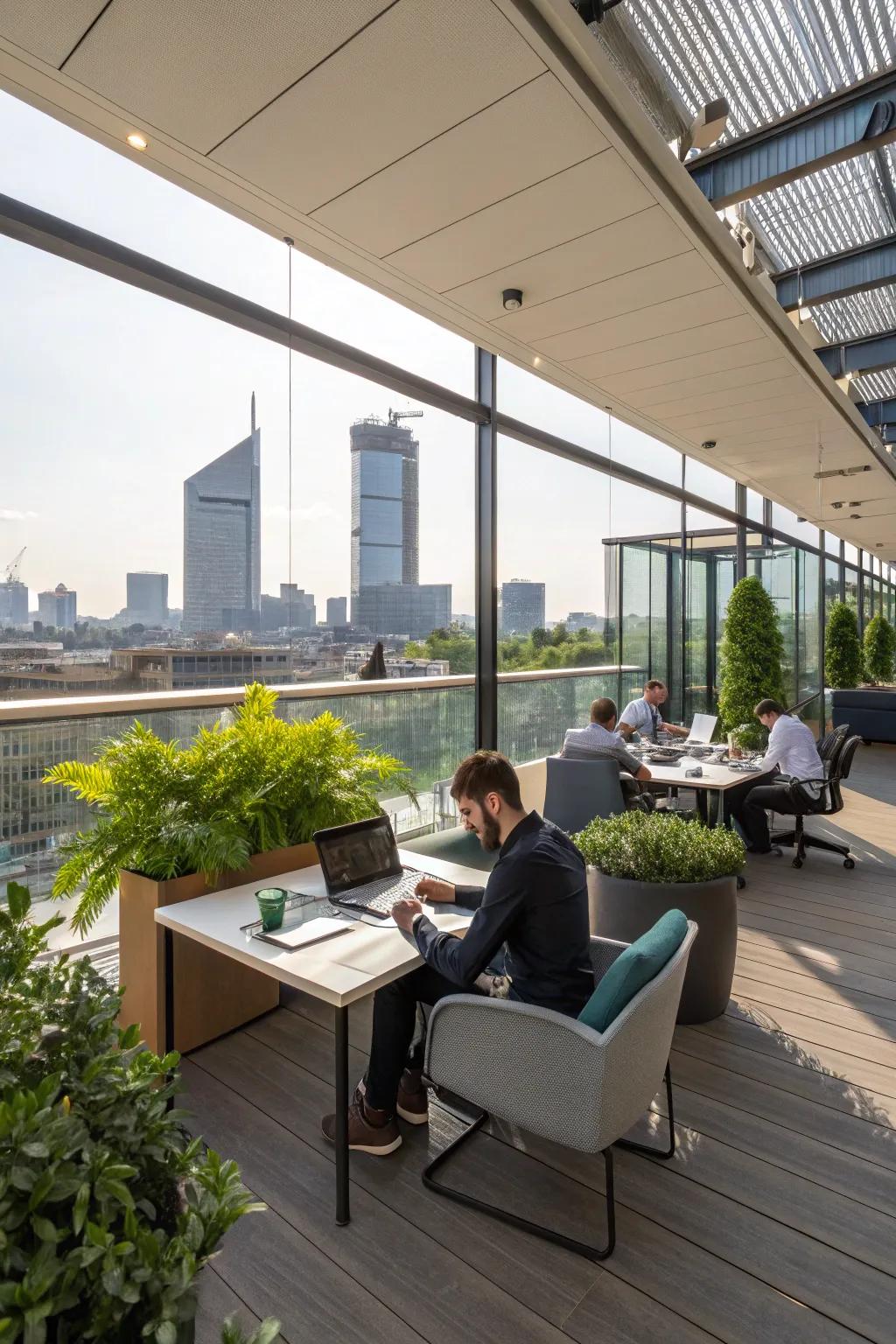 An office featuring an outdoor terrace workspace.