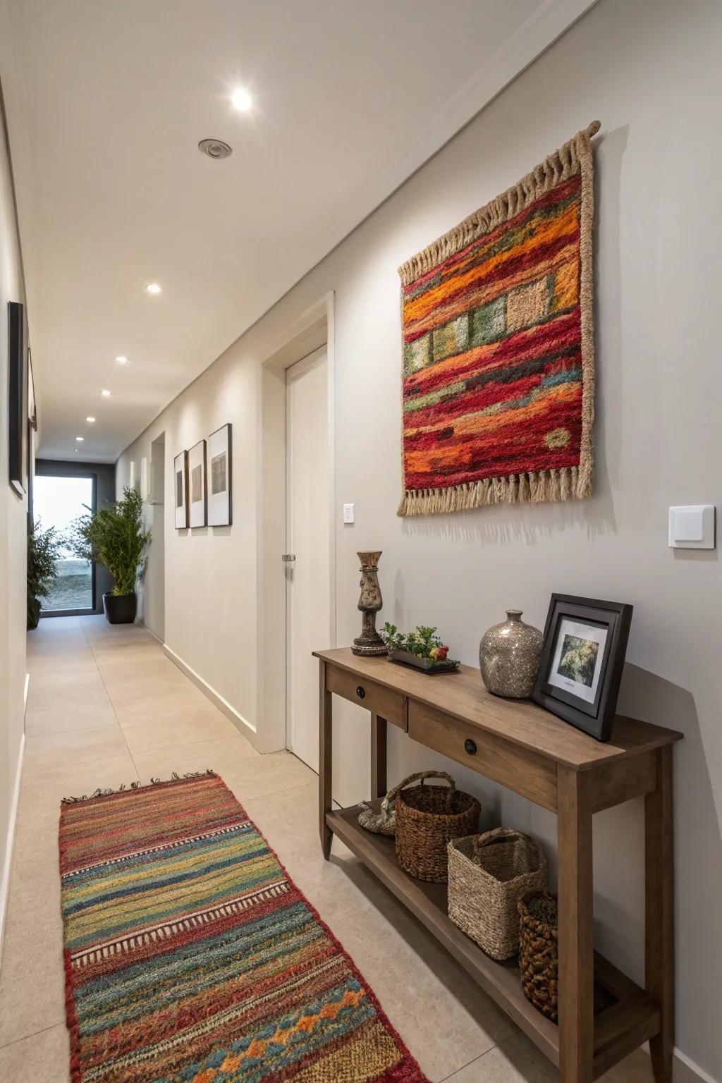 Rugs as wall art add texture and visual interest.