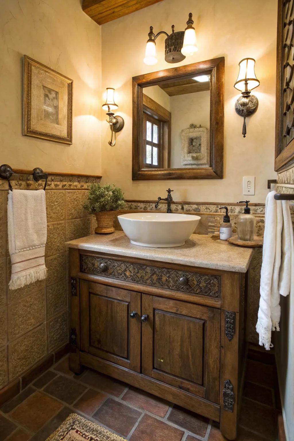 Vintage fixtures bring timeless elegance to a modern rustic bathroom.