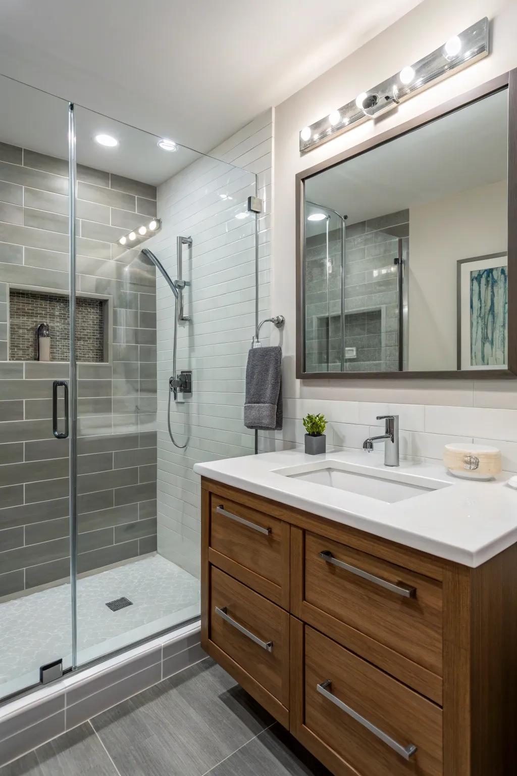 A sophisticated vanity area that complements the modern shower design.