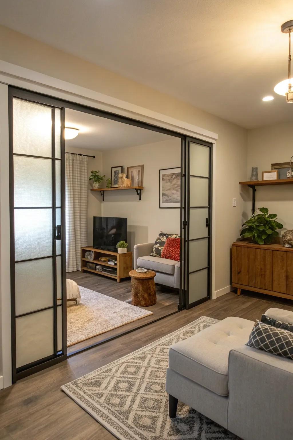 A small living room with modern sliding doors for space-saving.