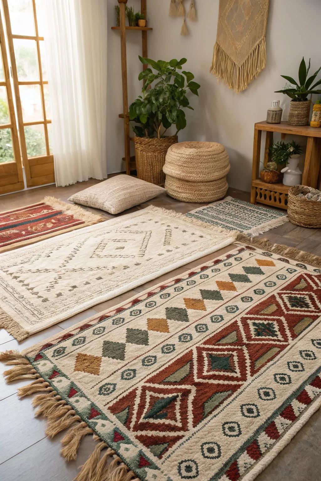 Layered rugs create comfort and add visual interest.