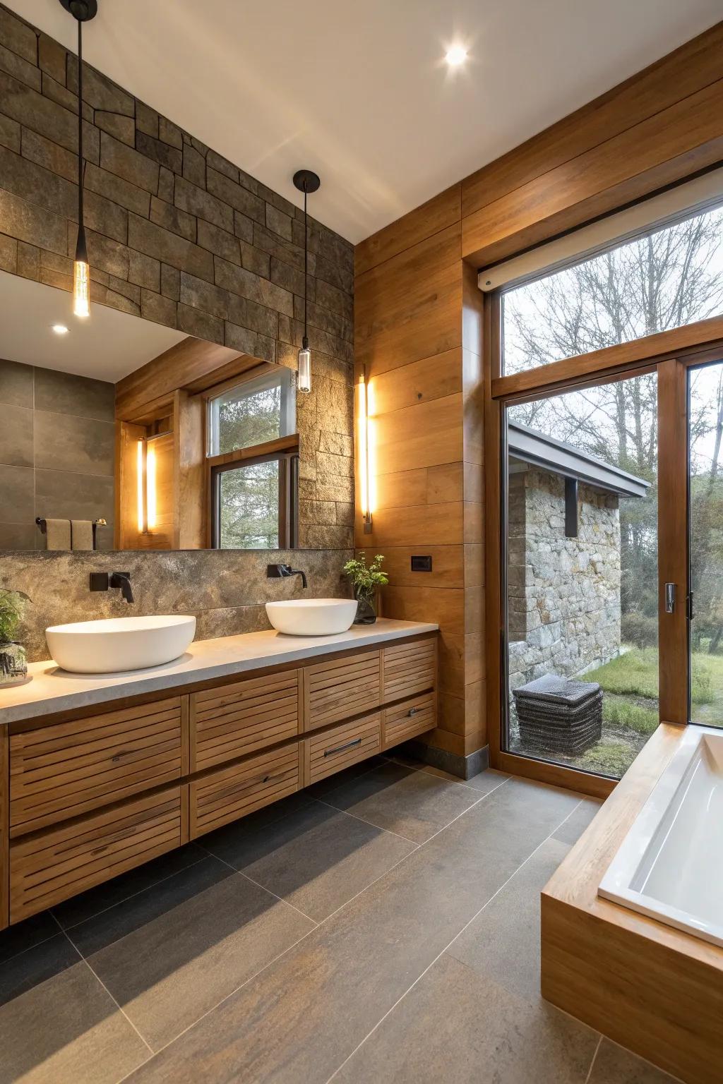 Natural elements create a serene bathroom ambiance.