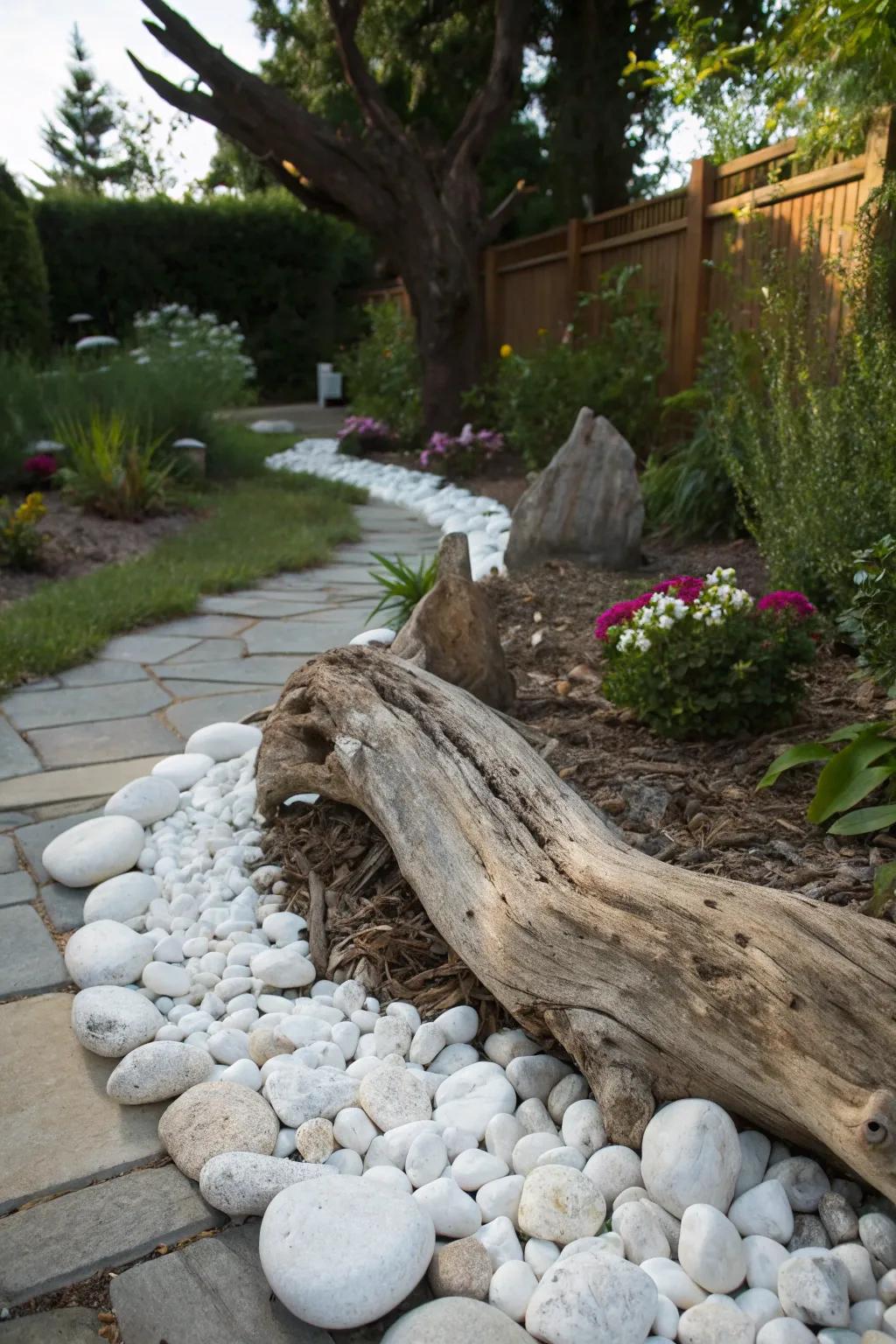 An elegant combination of driftwood and white stones in a garden, evoking coastal charm.