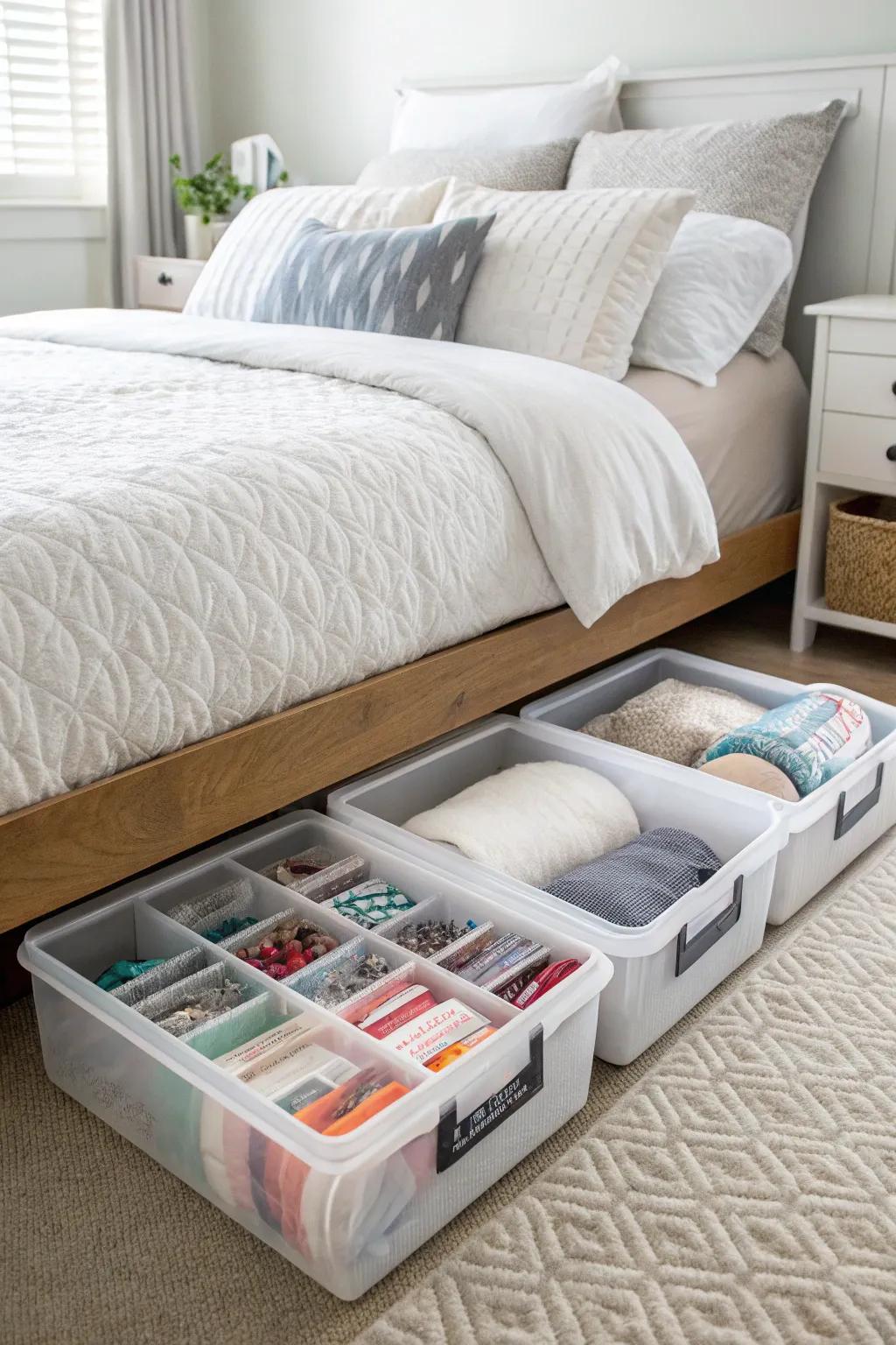 Under-bed storage helps maintain a tidy and organized bedroom.