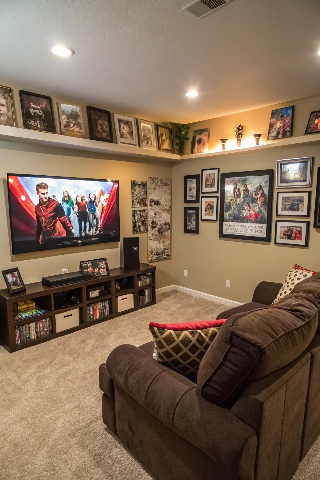 A family room showcasing a 3D movie-themed art piece.