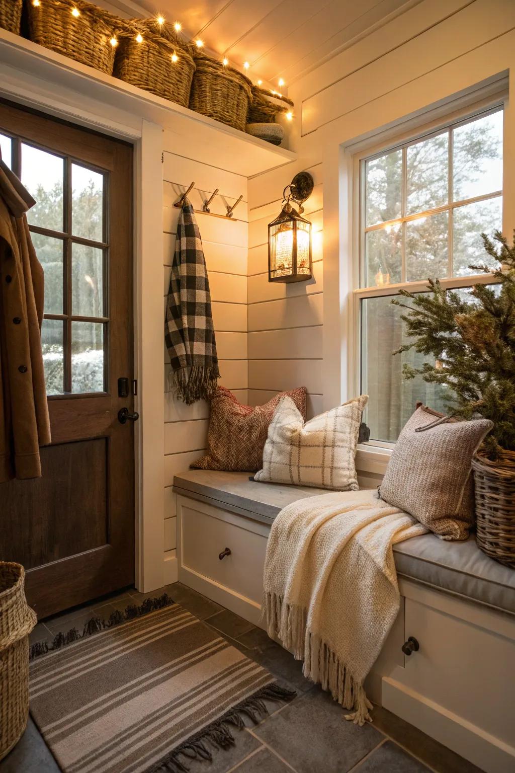 A cozy nook adds warmth and comfort to the mudroom.