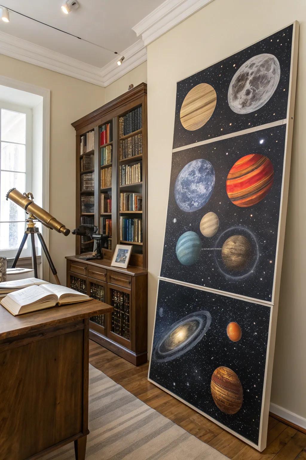 A celestial theme with stars and planets, spreading wonder across the study's walls.