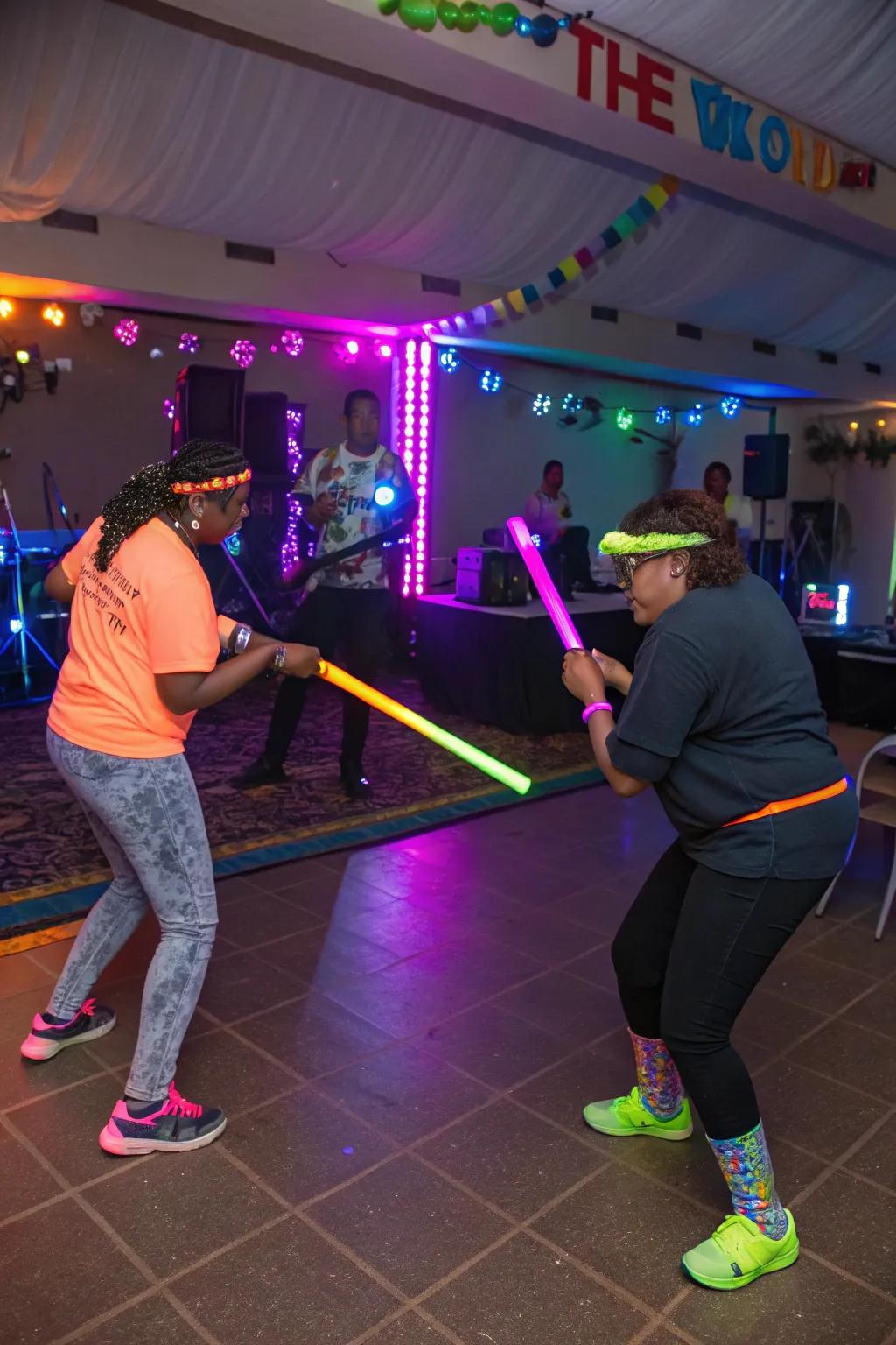 Party guests enjoying neon-themed games like glow stick limbo, adding fun to the festivities.