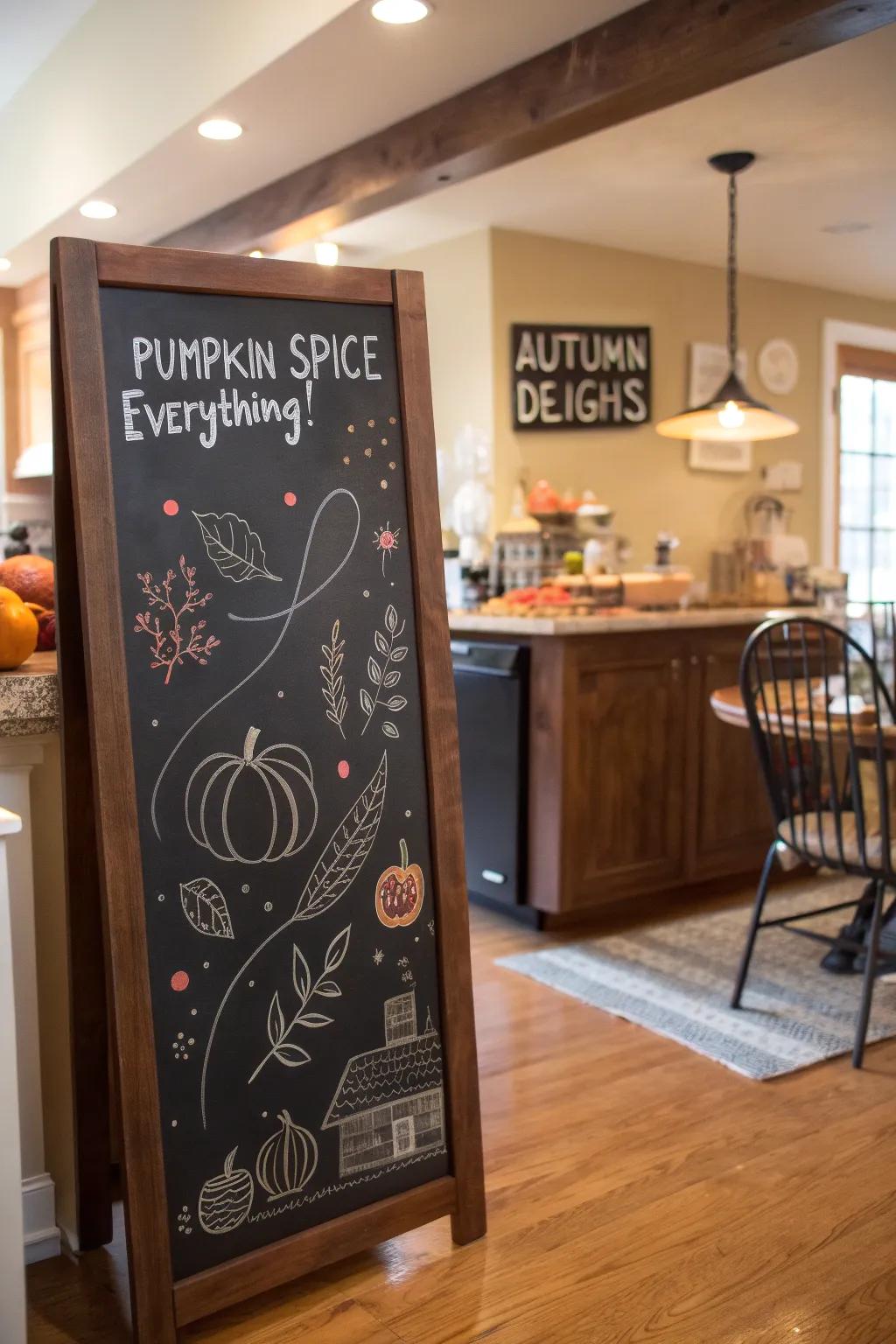 A playful pumpkin spice themed chalkboard that celebrates fall flavors.