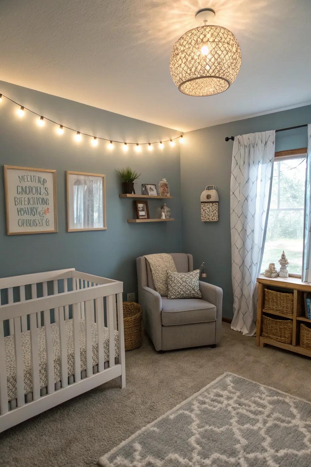 A refreshing nursery with gray-blue tones.