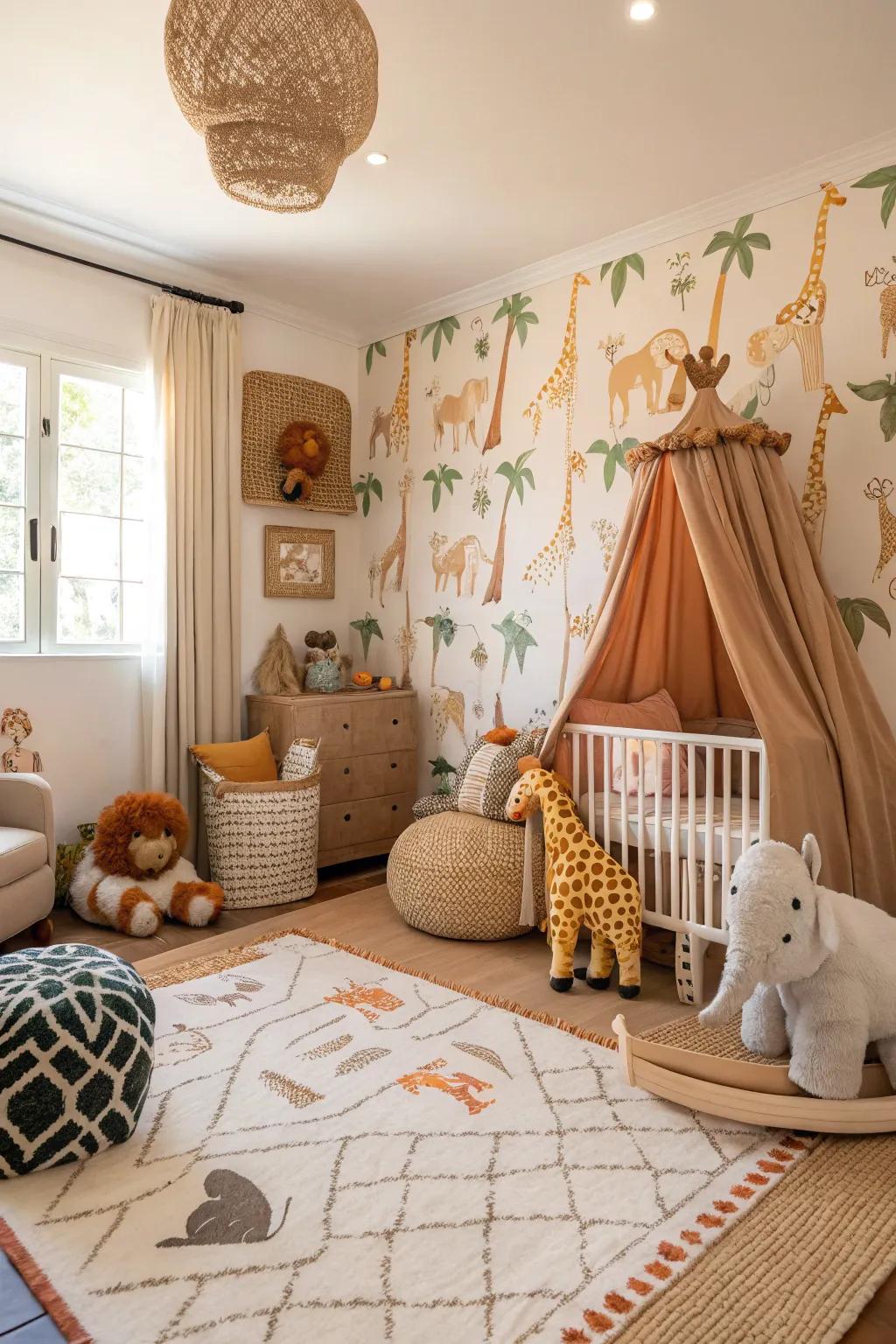 A chic safari-themed nursery with playful animal elements.