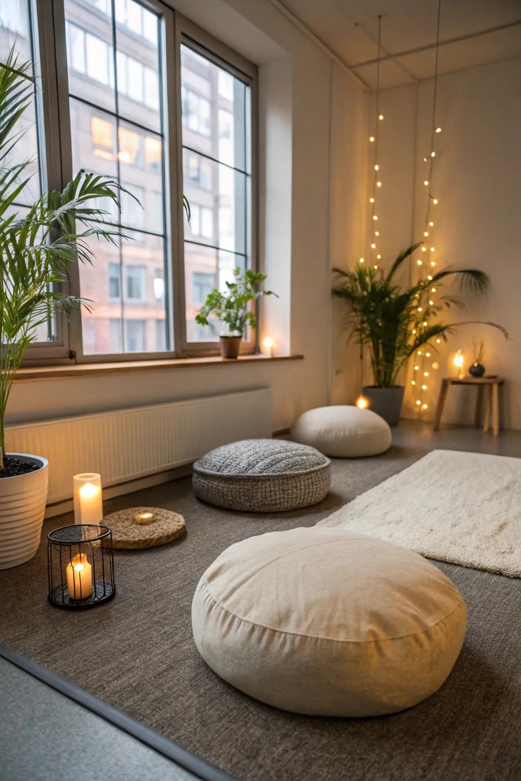 A meditation corner provides a sanctuary for mindfulness and relaxation.