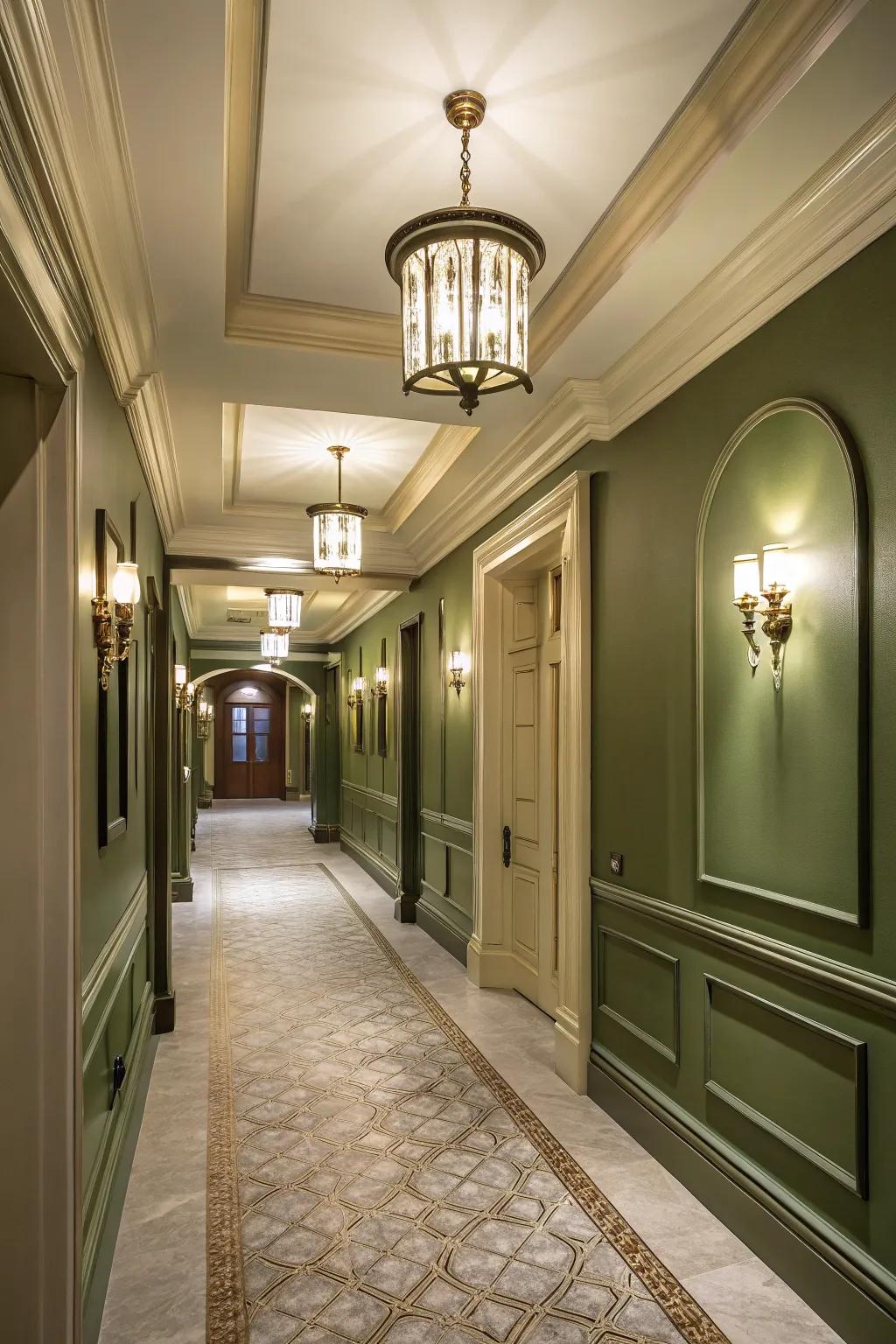 An elegant hallway enhanced by olive green walls.